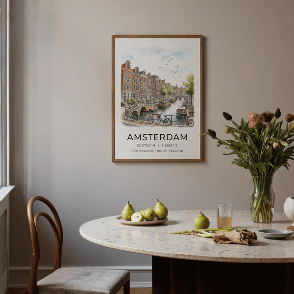 Minimal travel wall art poster with Amsterdam coordinates and canal scene