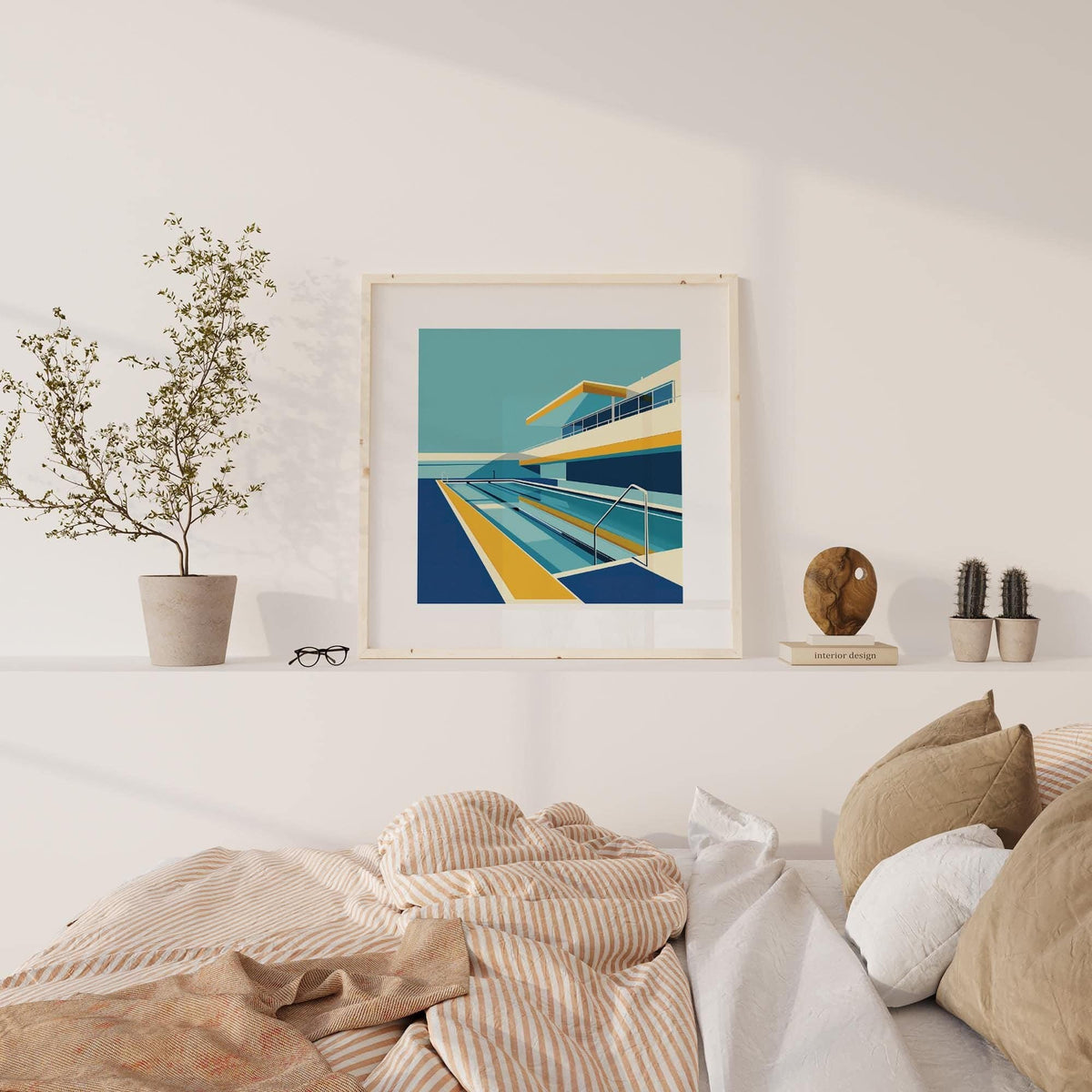 Modern poolside art print featuring geometric patterns