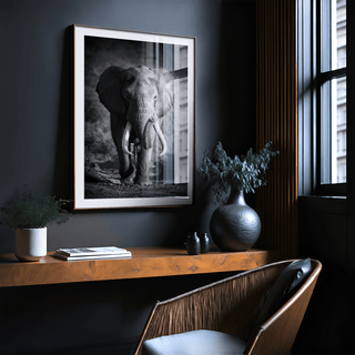 Central composition elephant art print with wide negative space