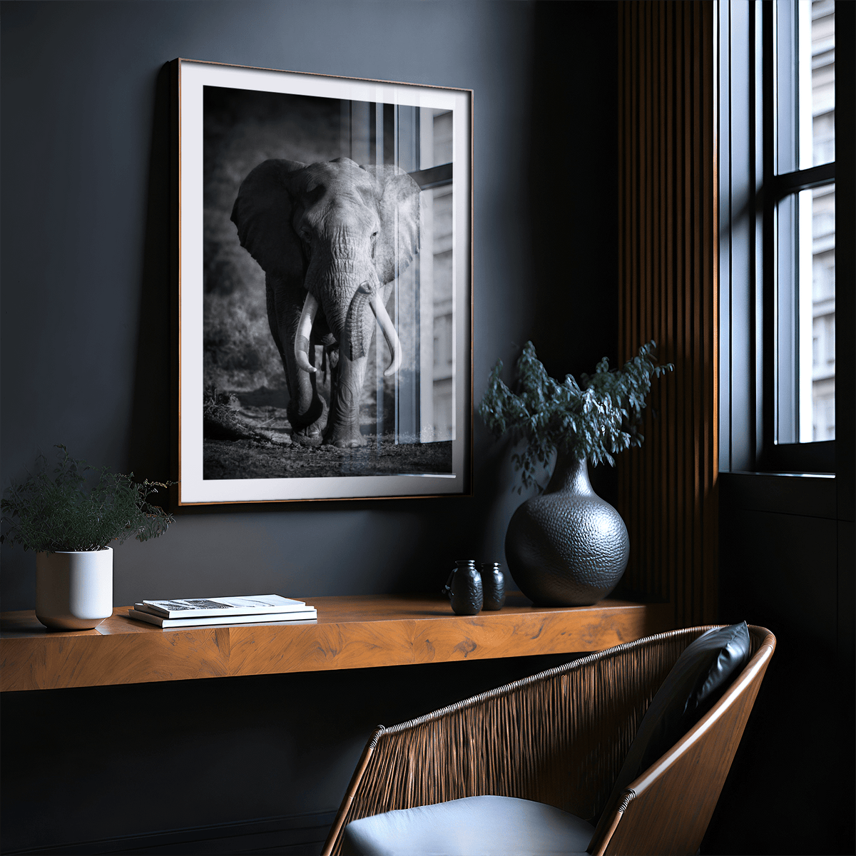 Central composition elephant art print with wide negative space