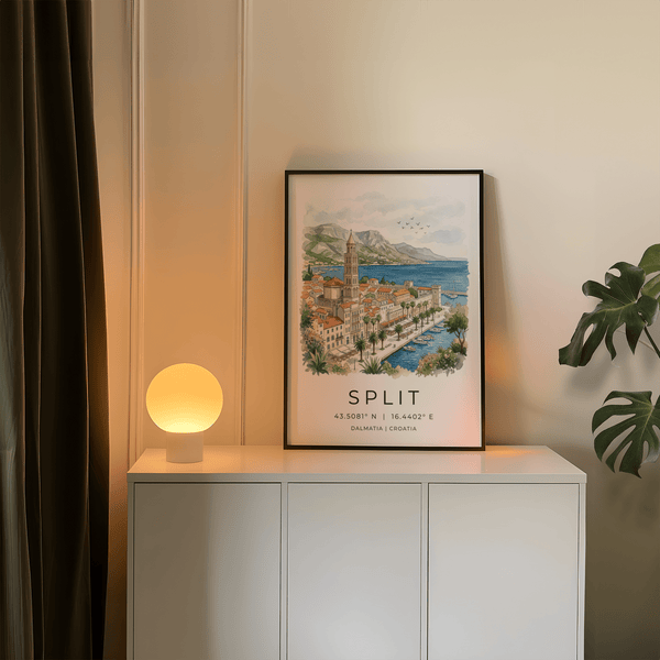 Detailed waterfront wall art print showing marina, palms, and old town buildings