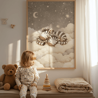 Zebra Nursery Art, beige tones and white clouds, soothing nursery decor