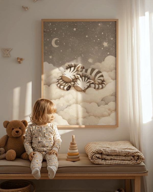 Zebra Nursery Art, beige tones and white clouds, soothing nursery decor
