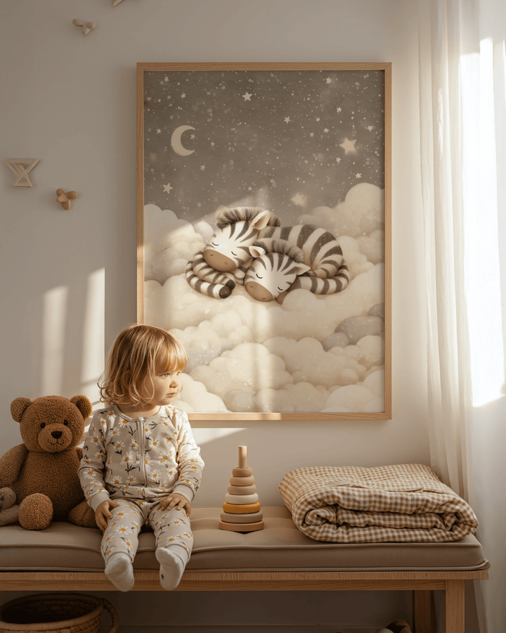 Zebra nursery art framed print of two sleeping baby zebras on clouds in a child's room next to a teddy bear