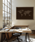 Beige and Brown World Map Poster art print for a study room