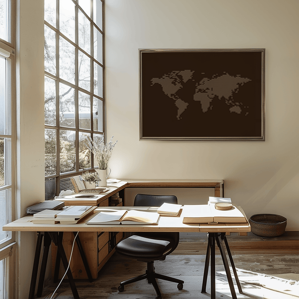 Beige and Brown World Map Poster art print for a study room