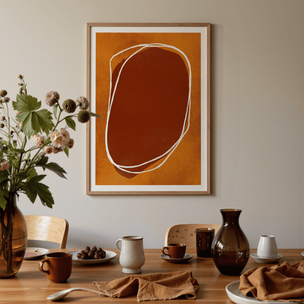 Modern abstract poster displaying layered earth tone bands and subtle border