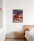 Modern equestrian poster with rolling farmland and striped sky