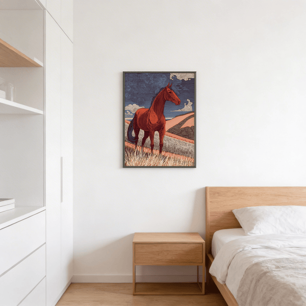 Modern equestrian poster with rolling farmland and striped sky