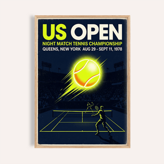 Framed New York Tennis Championship Poster with a retro tennis ball and players in bright yellow and dark blue