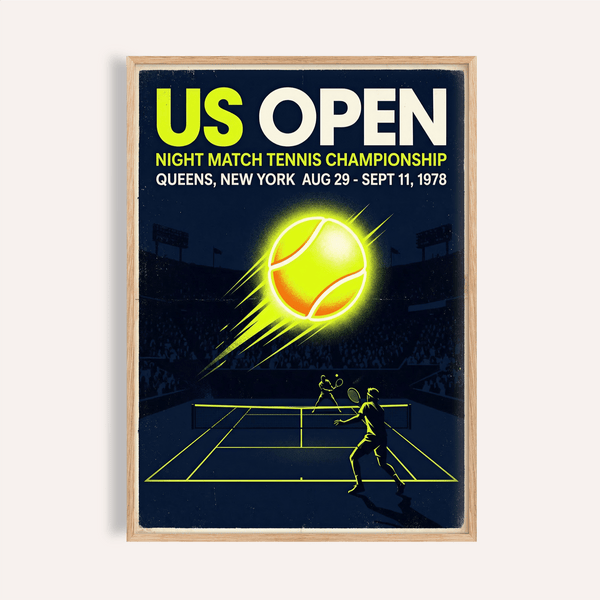 Featuring the Us Open Tennis Poster wall art with bold US OPEN type and glowing tennis ball over a night court