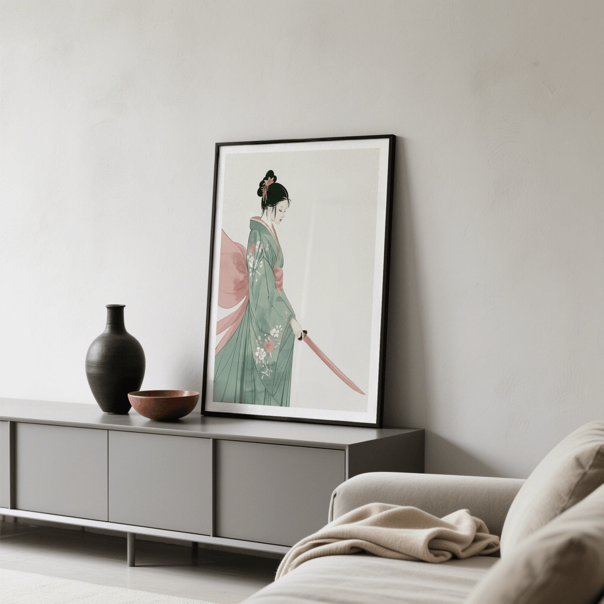 Japanese Woman Art Print displaying serene profile in floral kimono