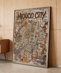 Displaying Mexico Map Poster with CDMX-style typography, neighborhood labels, and illustrated buildings print