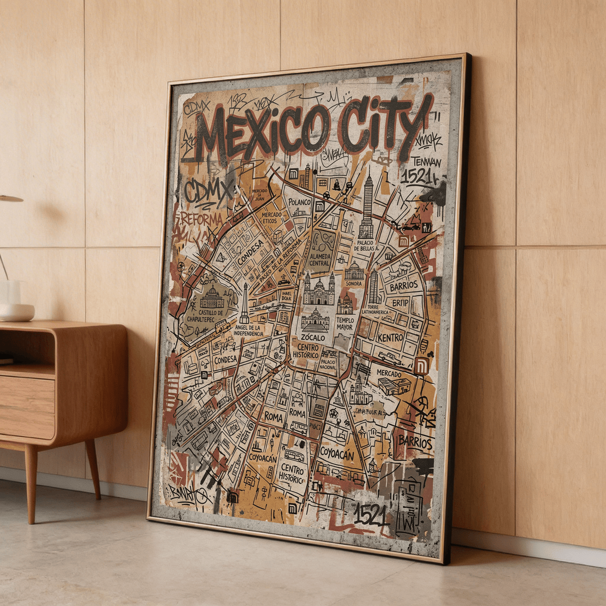 Displaying Mexico Map Poster with CDMX-style typography, neighborhood labels, and illustrated buildings print
