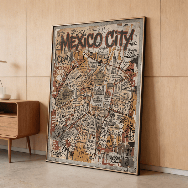 Displaying Mexico Map Poster with CDMX-style typography, neighborhood labels, and illustrated buildings print