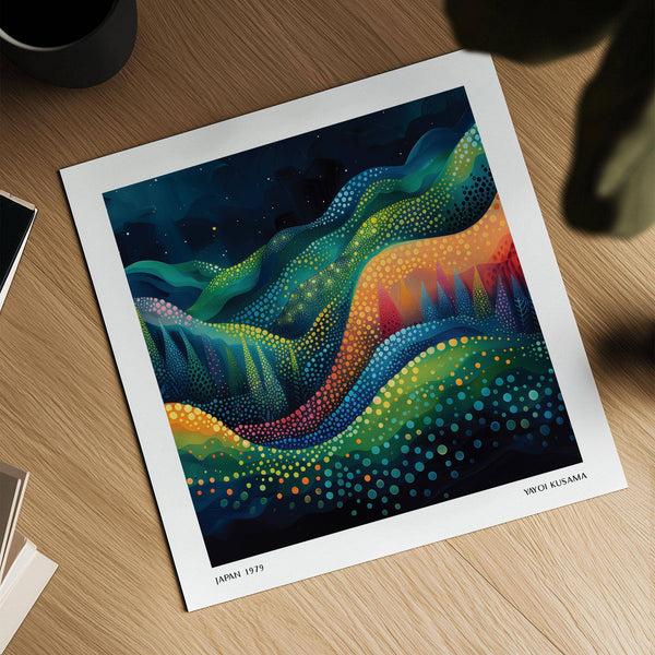 Dreamlike scenic wall art inspired by Yayoi Kusama’s dotted style