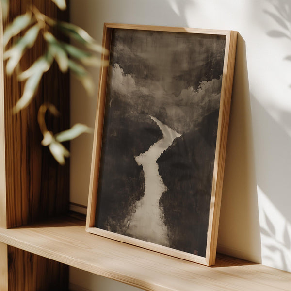 Japanese sumi e art featuring winding river in monochrome brushwork.