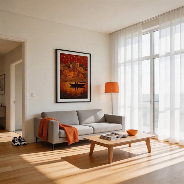 Concentric patterned sky above stepped ghats and silhouetted figures by the river