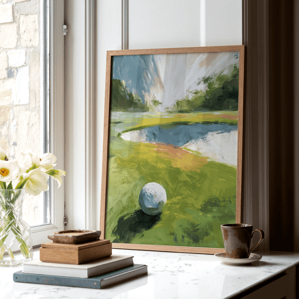 Wide view Golf Landscape Wall Art with golf ball and fairway curve