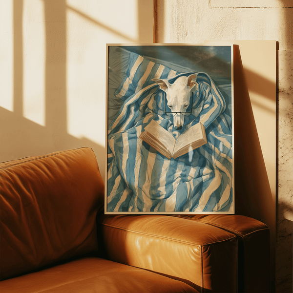 Dog Reading Print featuring main colors Blue and Beige for hallway decor
