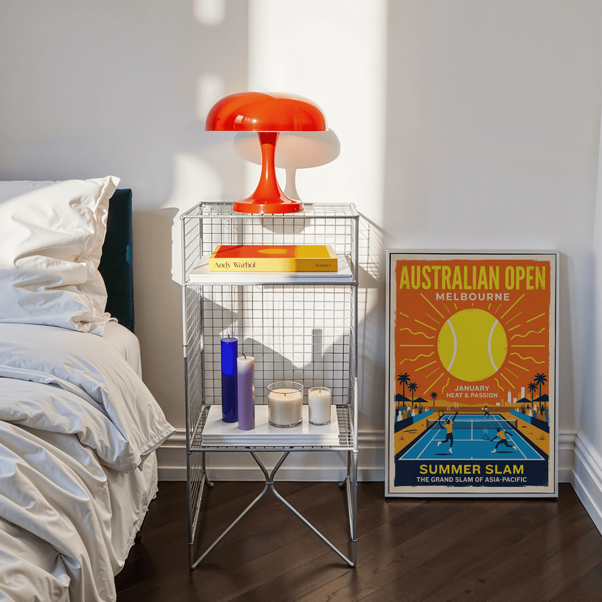 Orange Yellow Blue tennis wall art print with sunburst motif and two players on court