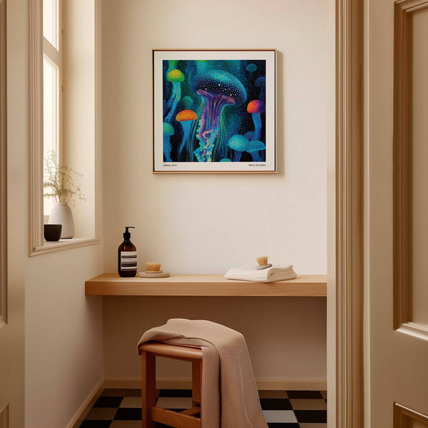 Modern jellyfish print featuring shades of purple and blue for calming interiors