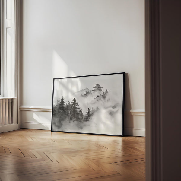 Grayscale ink painting of pine forest and temple, a piece of minimalist mountain art.