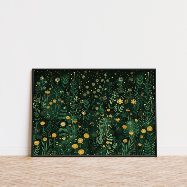 Wildflower Wall Art poster displayed above minimalist desk