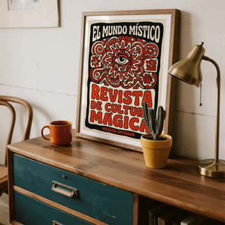 Vintage mystic eye emblem poster print with swirling motifs