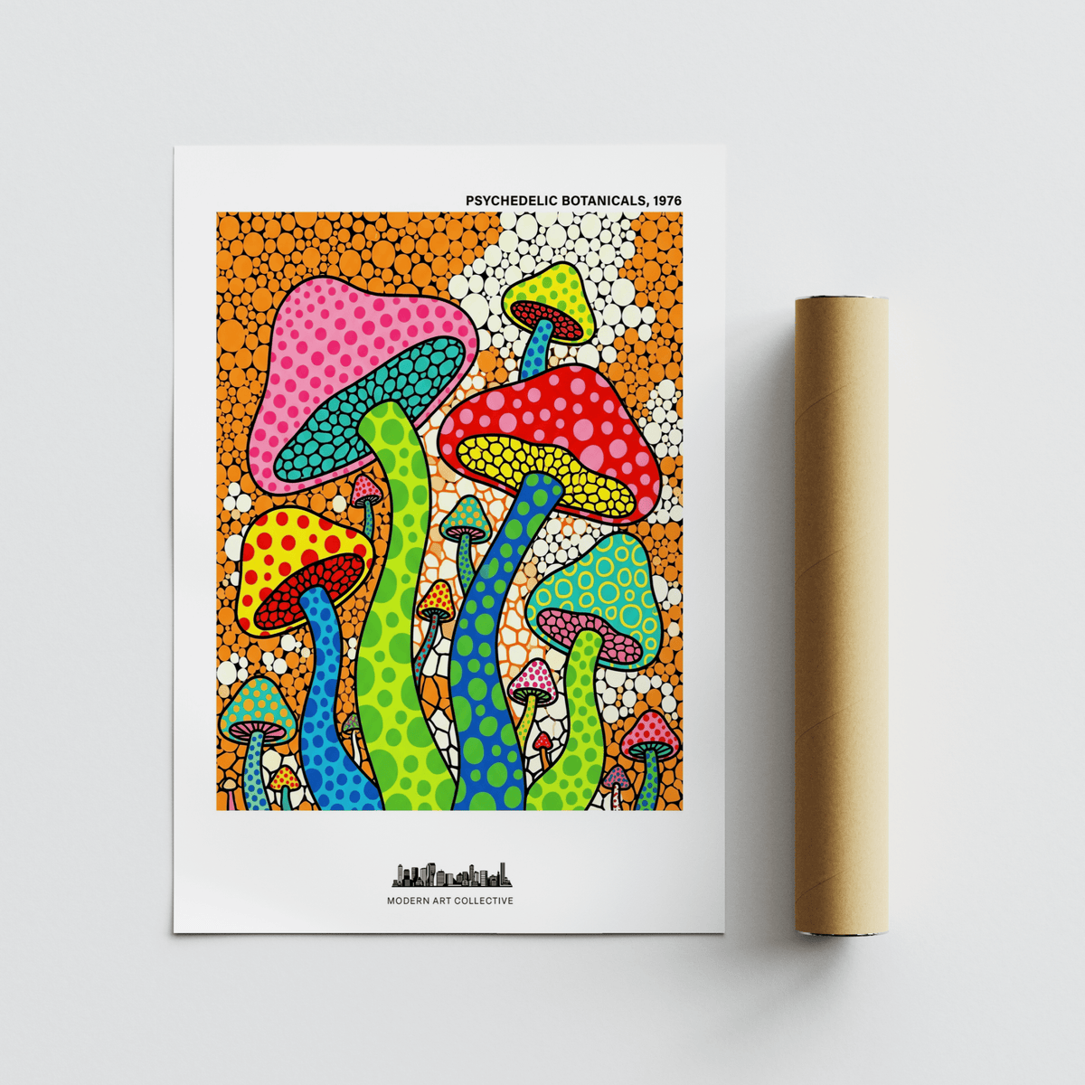 Psychedelic Mushroom Art Print featuring dotted mushrooms in a poster format