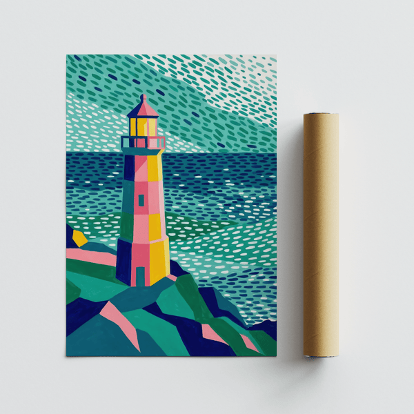 Vibrant Colourful Lighthouse Print featuring orange and blue, perfect for hallway