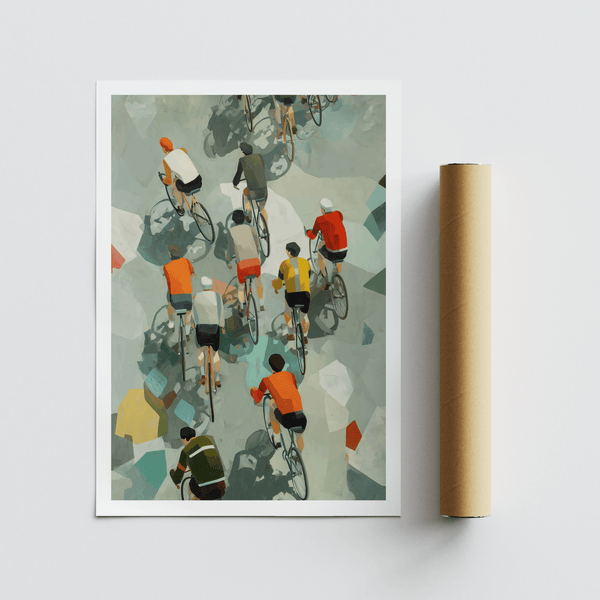 Painterly cycling scene poster with angular ground shapes and bike silhouettes