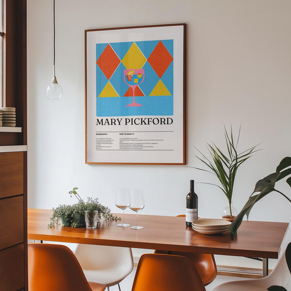 Vibrant kitchen wall art with geometric backdrop and tropical cocktail design.