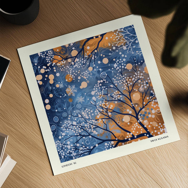 Yayoi Kusama-inspired winter scene wall art with glowing dots