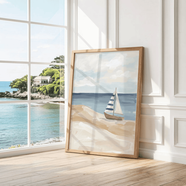 Beach Sailboat Wall Art showcasing beige accents for guest room poster