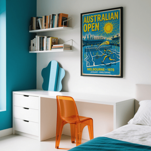 Vintage tennis illustration showing central net and dynamic ball arc