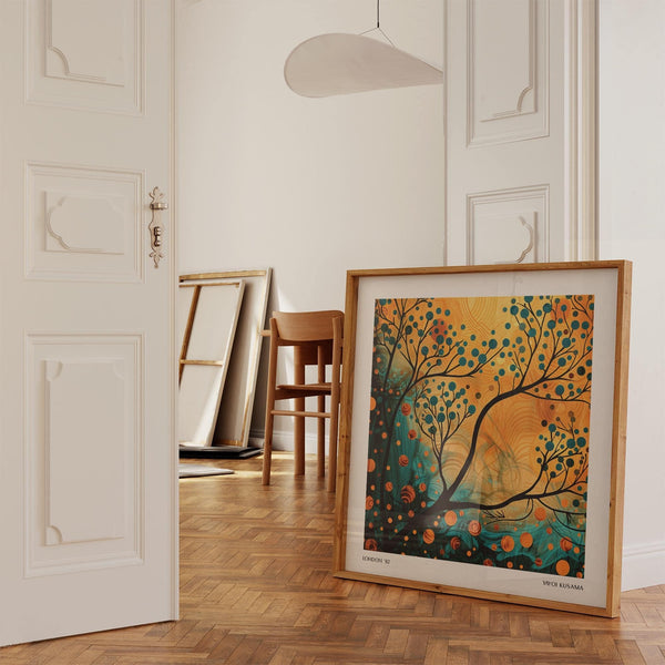 Nature-inspired orange and teal wall art for Japandi-style living rooms