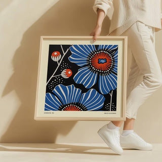 Contemporary flowers prints in blue and orange for creative home spaces