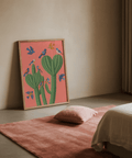 Green cactus and birds Cactus Poster Print on a pink background for living space
