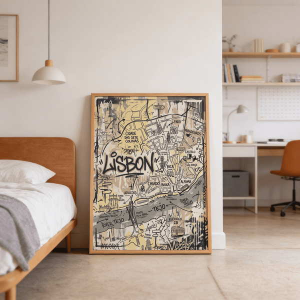 City-guide style Lisbon map poster print with layered scribble lines and map grid