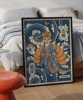 Framed-style wall art print of a kitsune fox in kimono with maple leaves and stylized clouds