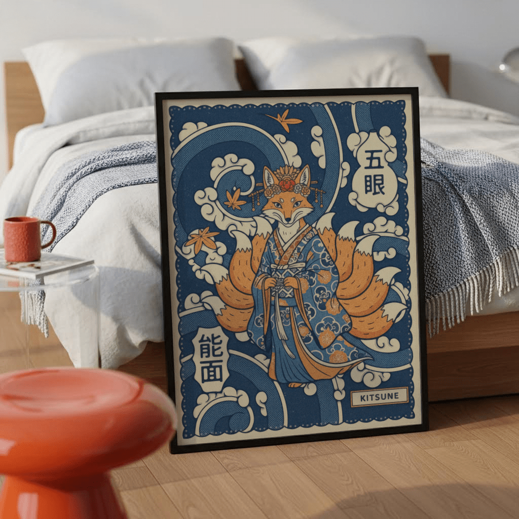 Framed-style wall art print of a kitsune fox in kimono with maple leaves and stylized clouds