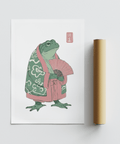 Frog Art Print showing a standing frog in robe with fan on white background