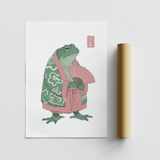 Frog Art Print showing a standing frog in robe with fan on white background