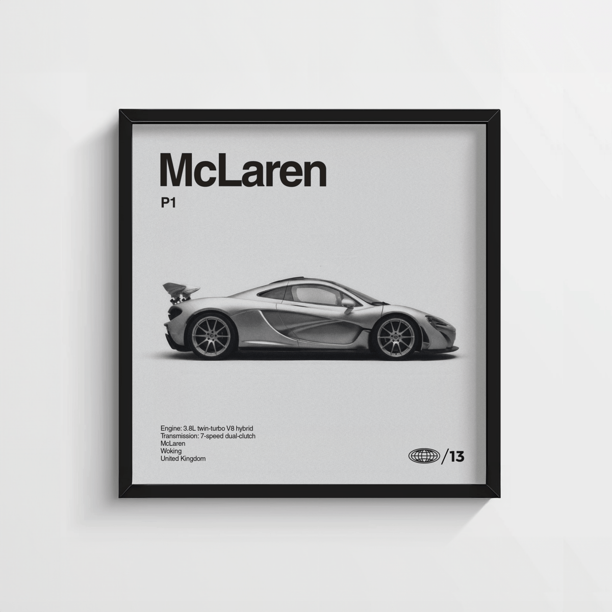 Black and white Mclaren P1 Print for stylish garage art