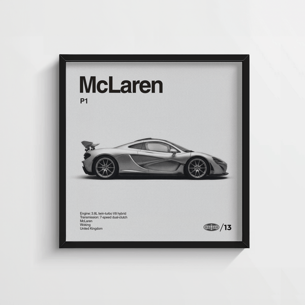 Black and white Mclaren P1 Print for stylish garage art