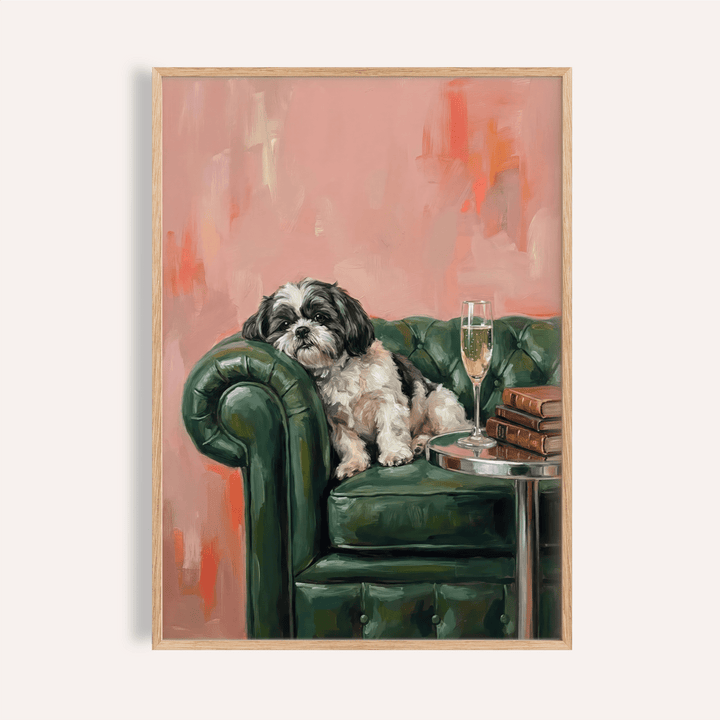 Shih Tzu Dog Print wall art in Pink, Green, Black, and White for living room decor