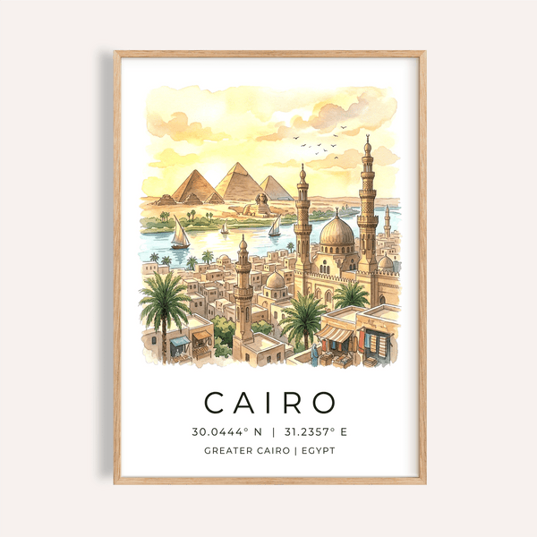 Overview of Cairo Landscape Wall Art poster showing pyramids, Nile river, and mosque skyline illustration