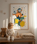 Monkey Drummer Art Print, Multicolored, for creative music studio artwork