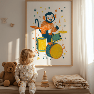Monkey Drummer Art Print, Multicolored, for creative music studio artwork